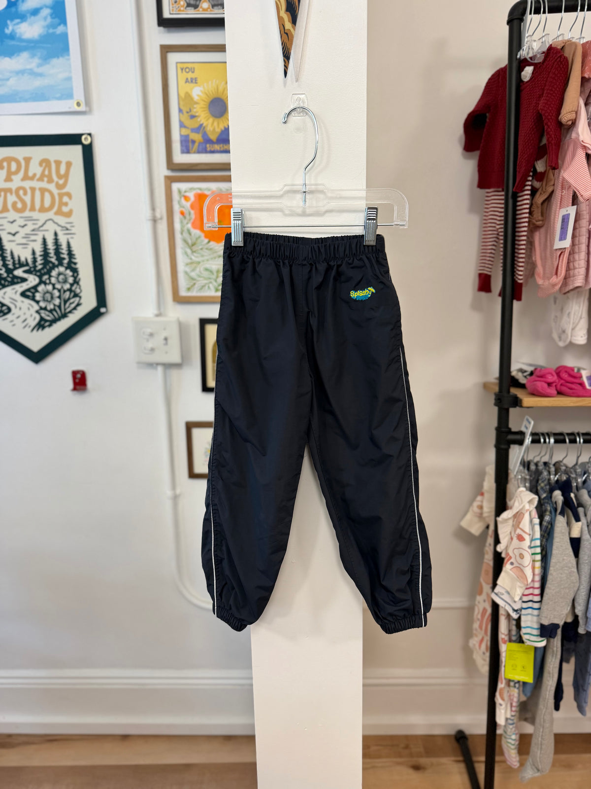 Approx. 3T, maybe 4T, Splashy, Black, Rain pants, grey stripe on side