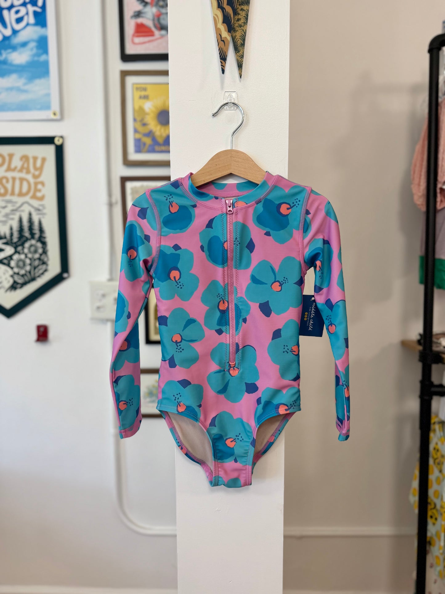 5/5T, Tea Collection, Pink, Blue hibiscus long-sleeve rash guard one-piece swimsuit