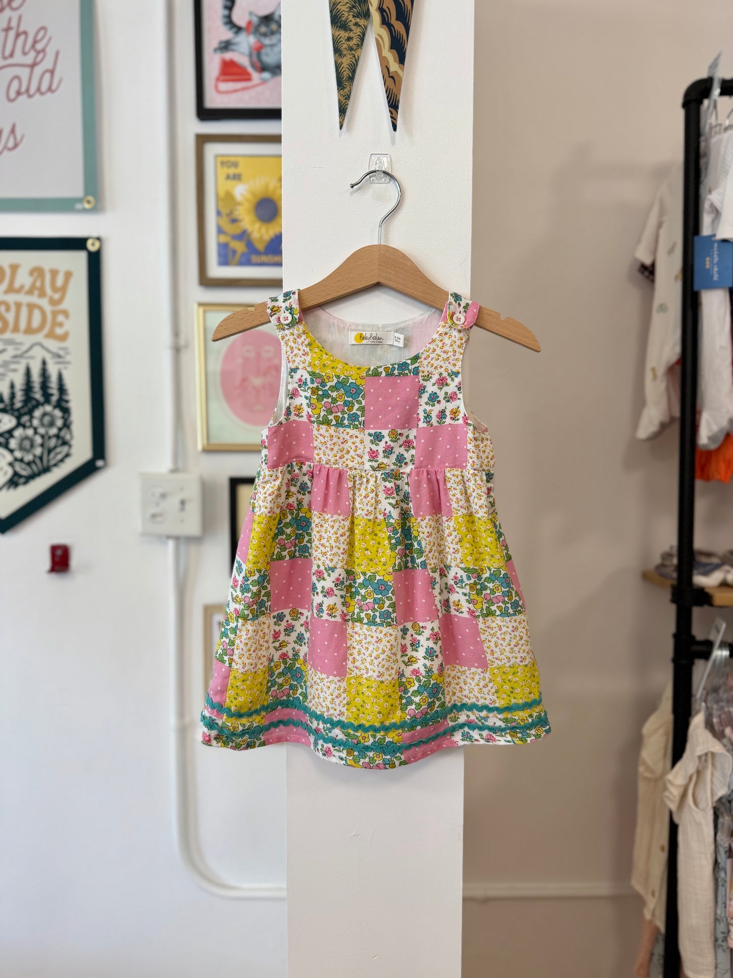 9-12 mo, Boden, White, Pink/blue/green floral patchwork pinafore dress / jumper + long-sleeve ruffle neck shirt SET
