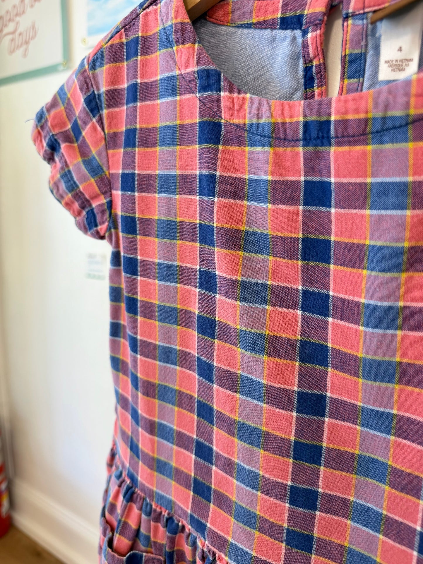 4/4T, Tea Collection, Pink, Navy/yellow plaid short-sleeve drop-waist lightweight flannel dress