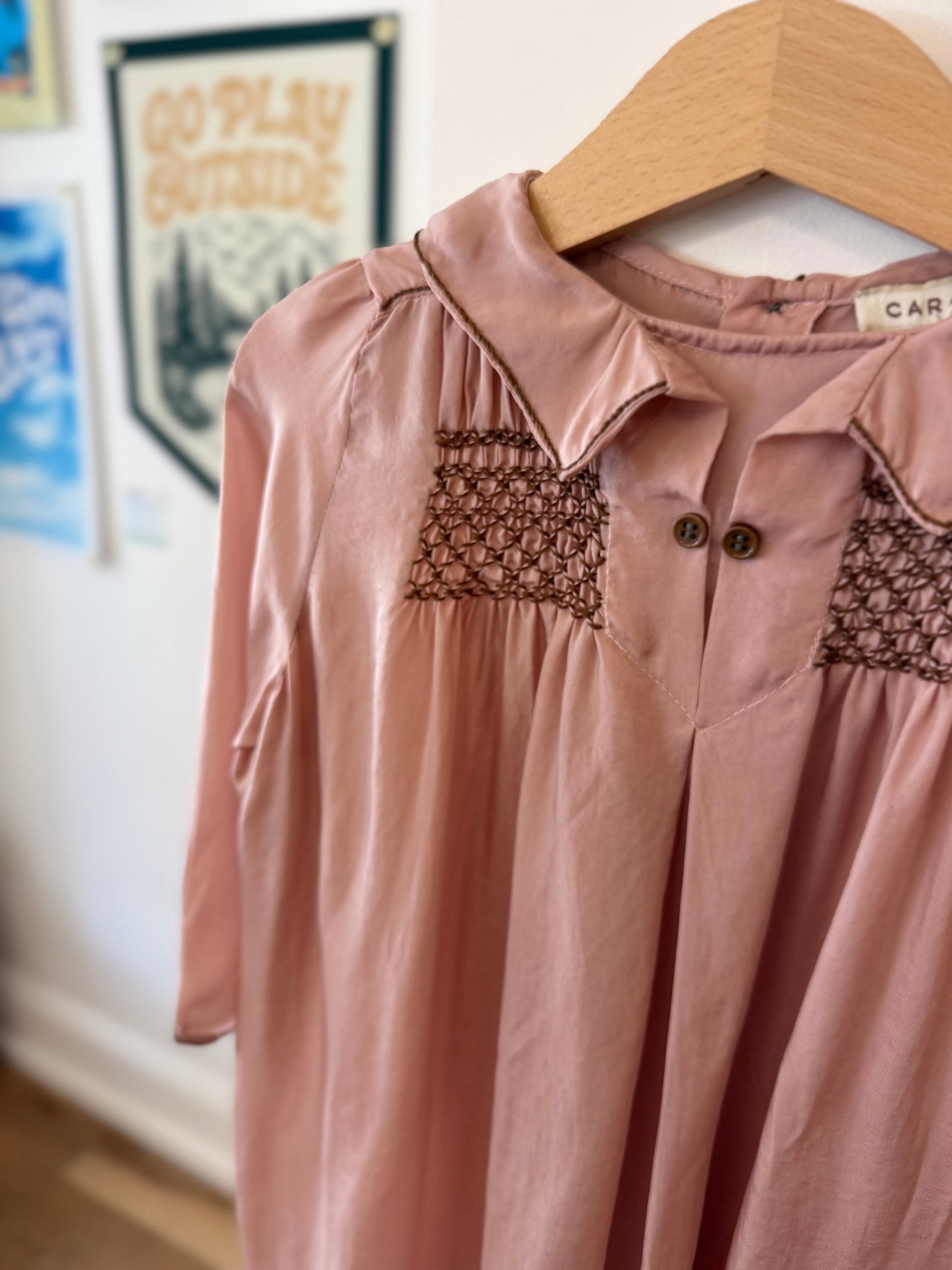 2/2T, Caramel, Pink, Aspen Dress, long-sleeve, dark pink smocking, buttons + bloomers SET