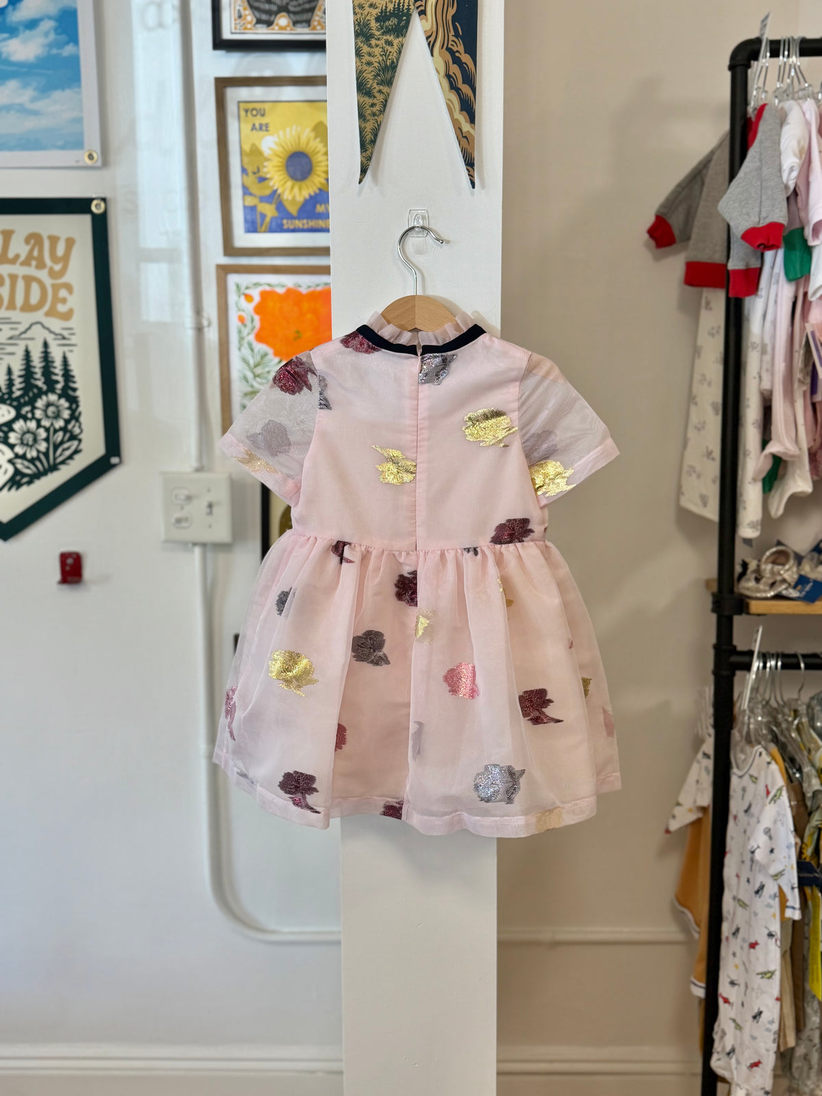 4/4T, Hucklebones London, Pink, Empire bow dress, organza jacquard metallic florals