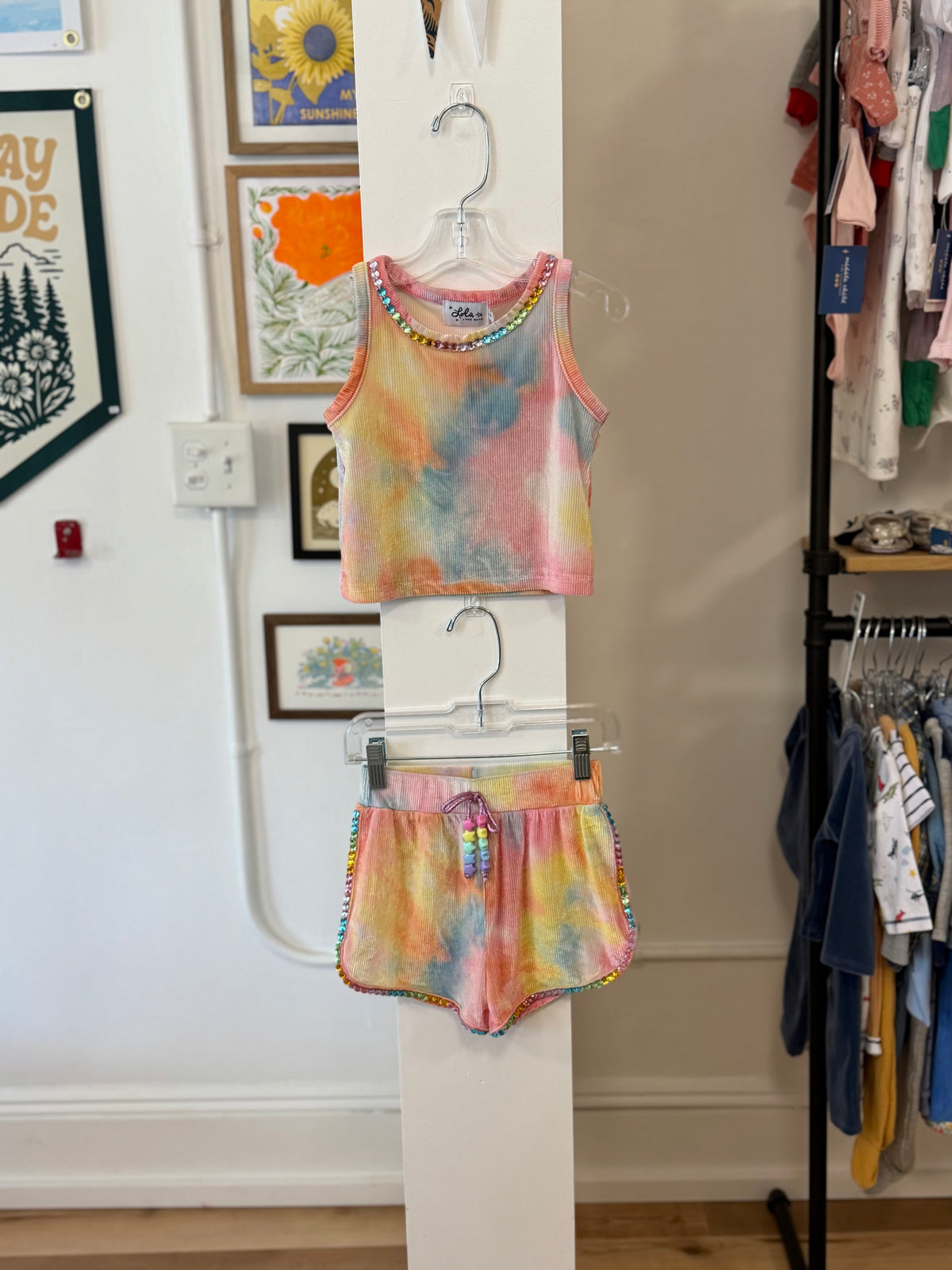 4/4T, Lola + The Boys, Pink, Ribbed rainbow gem tank top + shorts SET