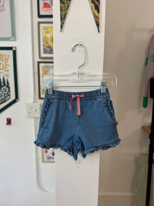 3/3T, Boden, Blue, NEW w/ tags - Chambray ruffle shorts, pink drawstring