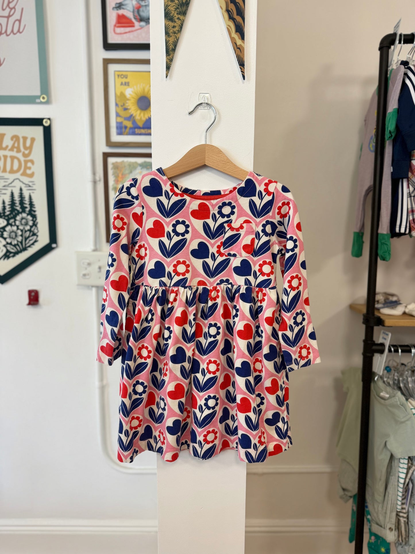 5-6, Boden, Pink, Hearts & floral red/navy long-sleeve t-shirt dress