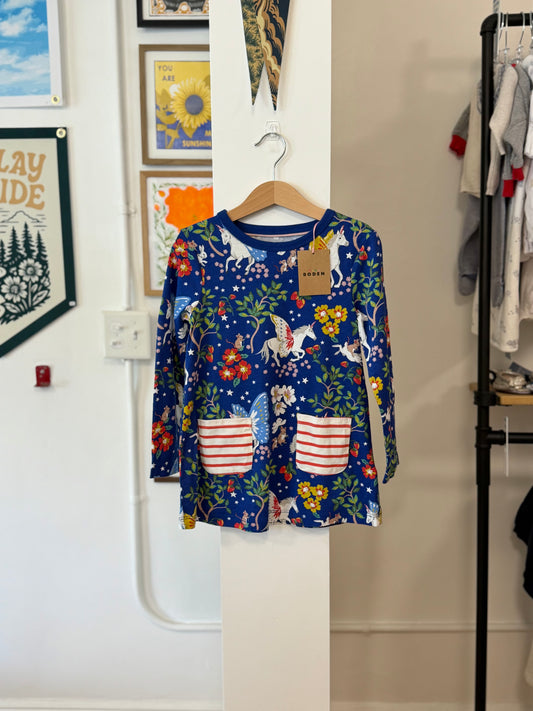 4-5, Boden, Blue, NEW w/ tags - Long-sleeve Unicorn / Pegasus floral print pocket dress