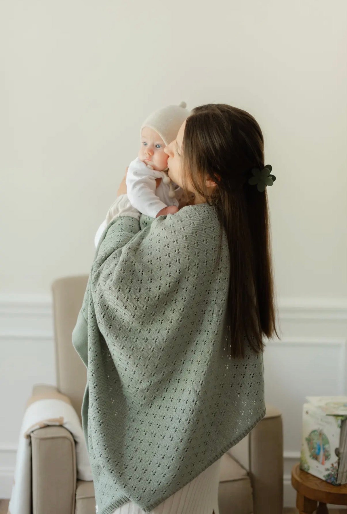 Little Mae & Co, Green, Pointelle Knit Blanket, 42” x 36” [wash cold & tumble dry low]