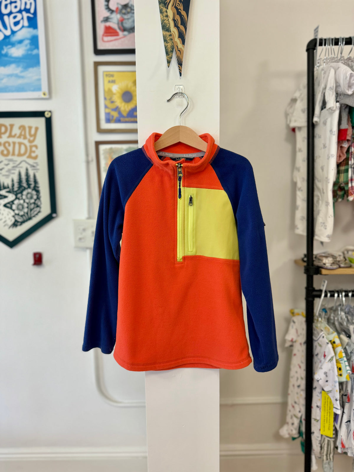 6-7, L.L.Bean, Orange, Neon color block half-zip fleece jacket, yellow chest, navy sleeves