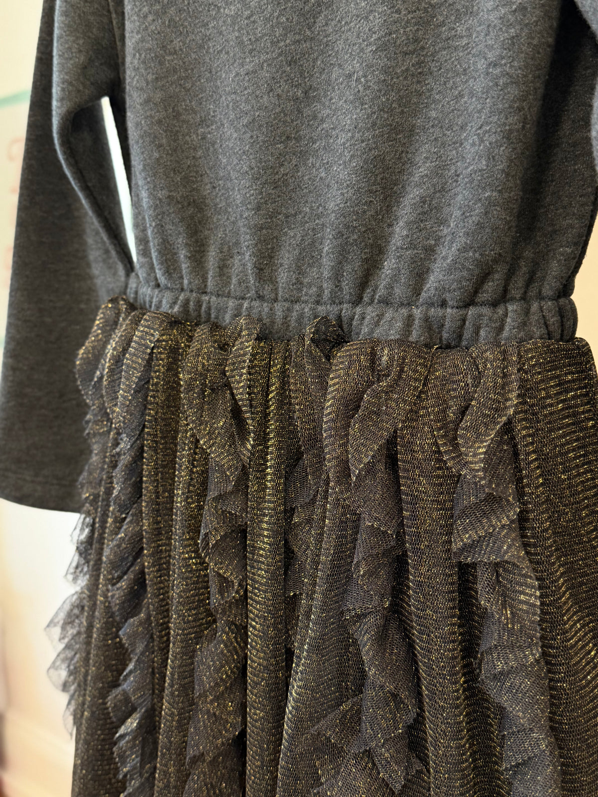 6, J.Crew Crewcuts, Grey, Long-sleeve fleece-lined sweatshirt top dress, frilled metallic tulle skirt