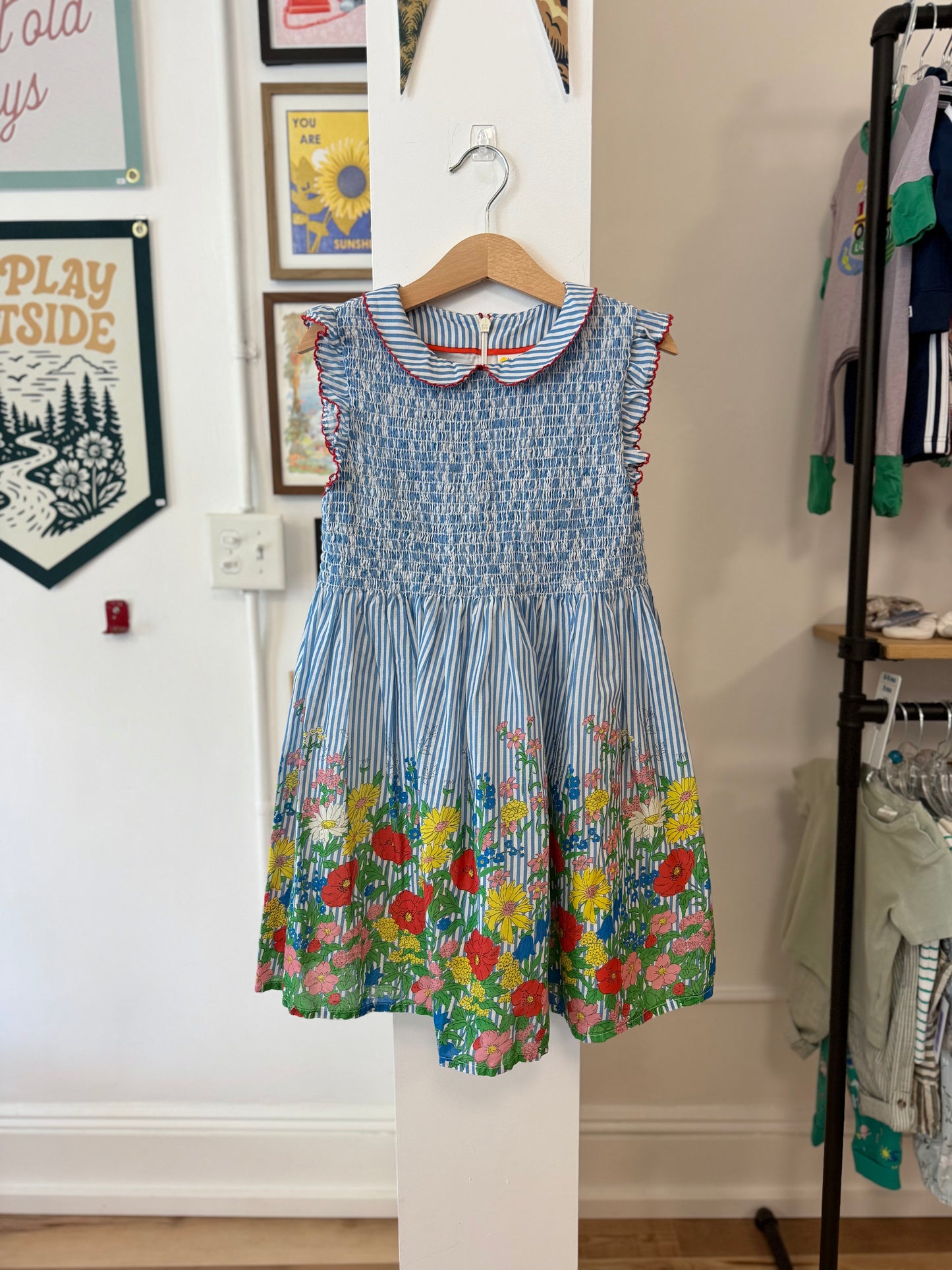 6-7, Boden, Blue, Striped dress, floral print skirt, smocking, Peter Pan collar