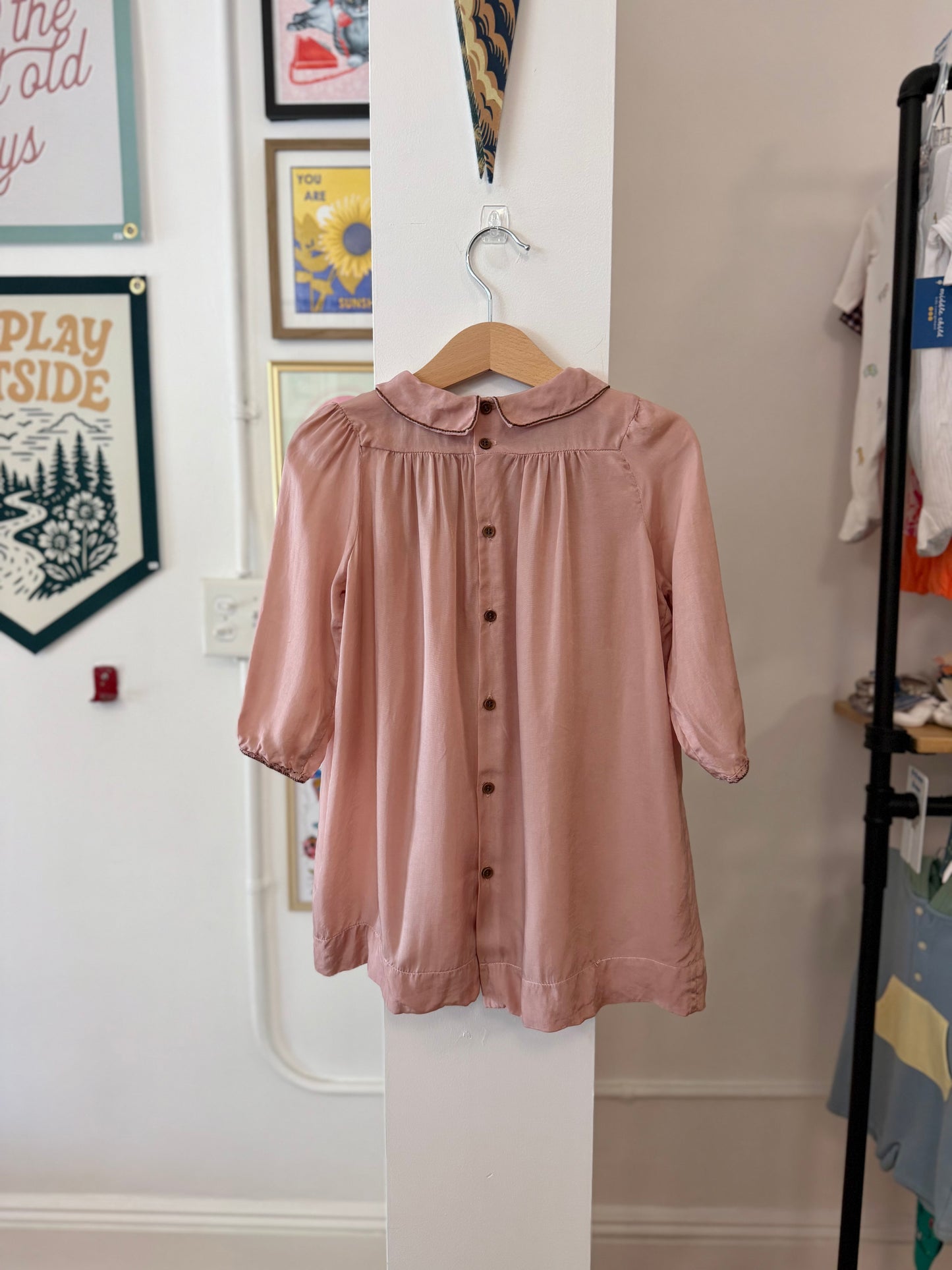 2/2T, Caramel, Pink, Aspen Dress, long-sleeve, dark pink smocking, buttons + bloomers SET