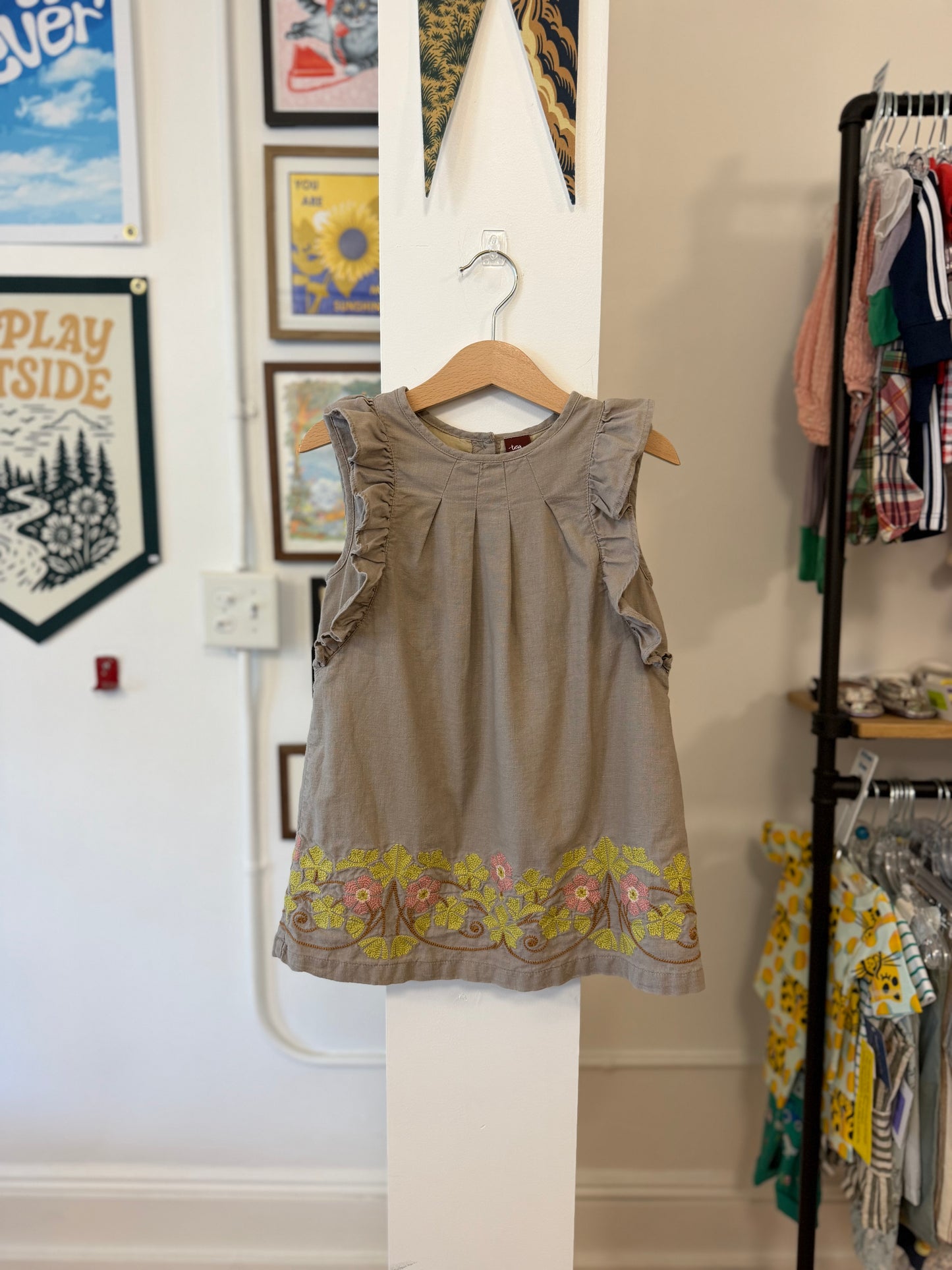 4/4T, Tea Collection, Brown, Linen mix flutter sleeve dress, pink/yellow floral embroidery at hem