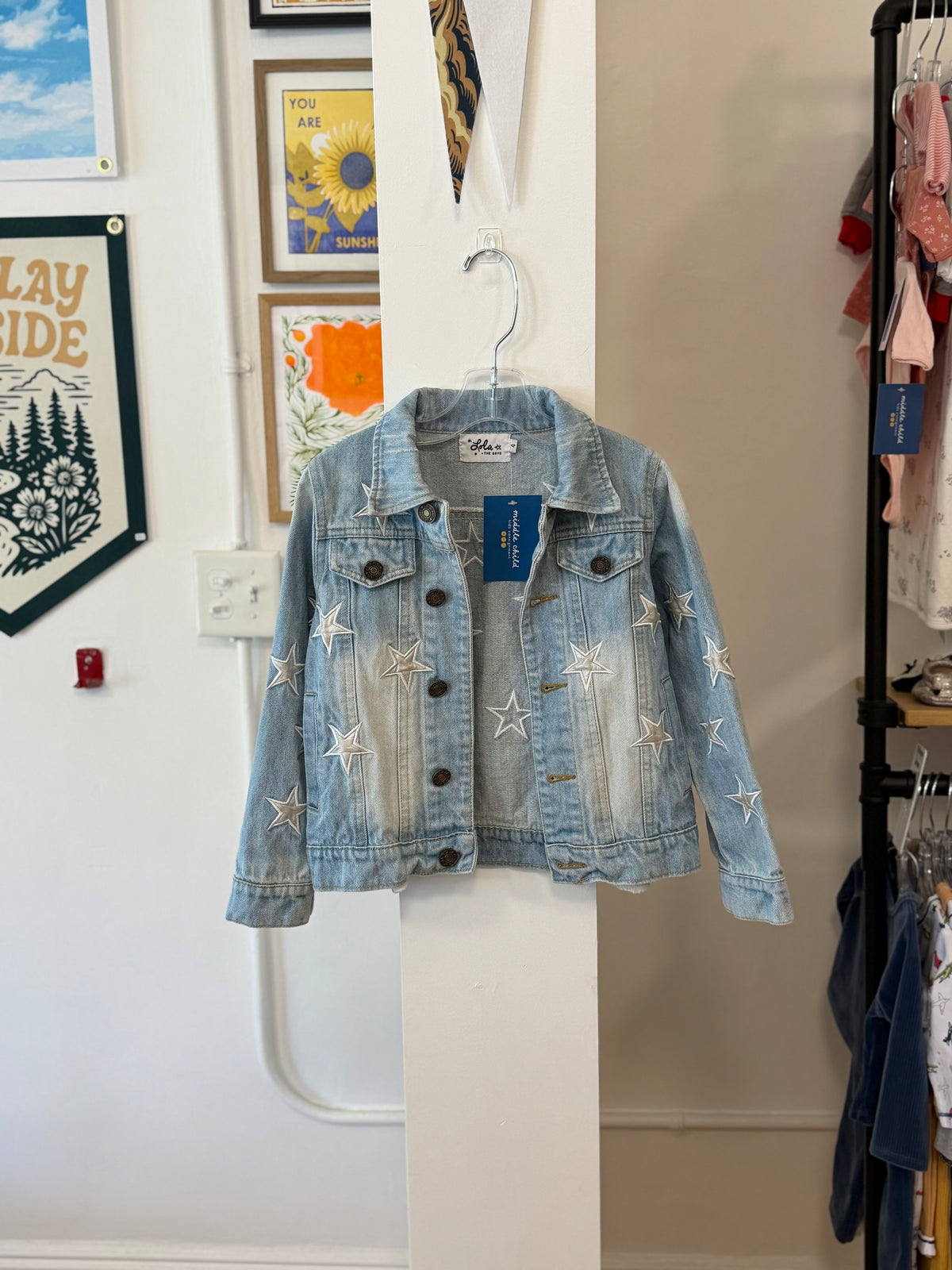 4/4T, Lola + The Boys, Blue, Silver embroidered star denim button-up jacket