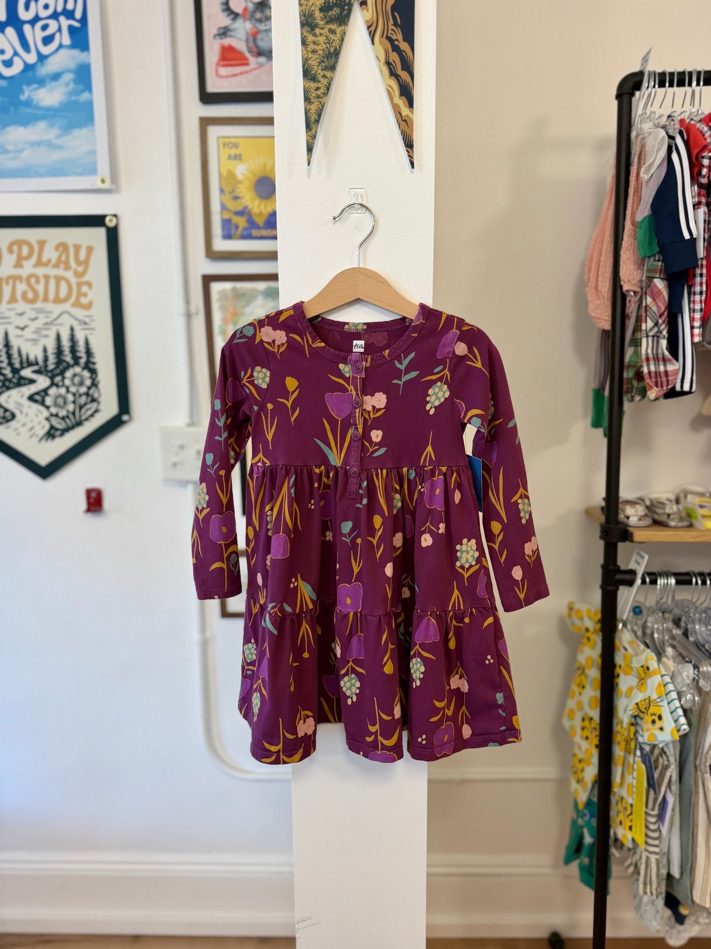 4/4T, Tea Collection, Purple, Long-sleeve pink/yellow/green floral tiered henley dress