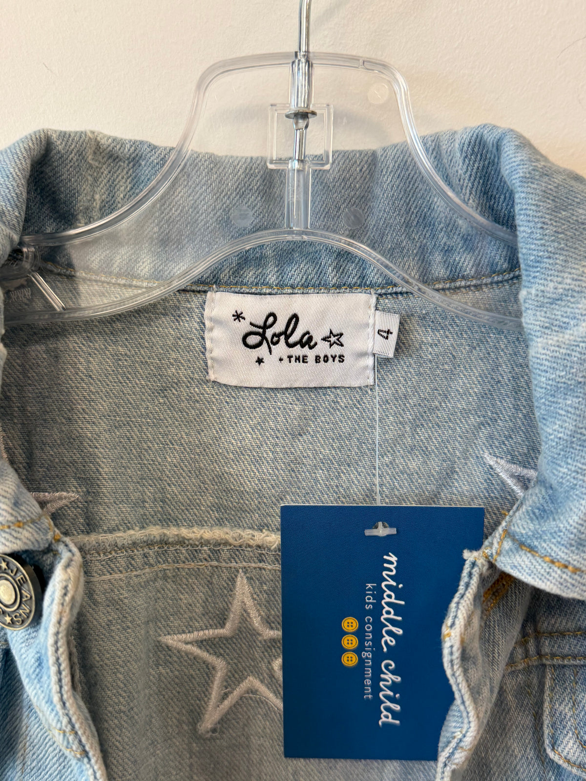 4/4T, Lola + The Boys, Blue, Silver embroidered star denim button-up jacket