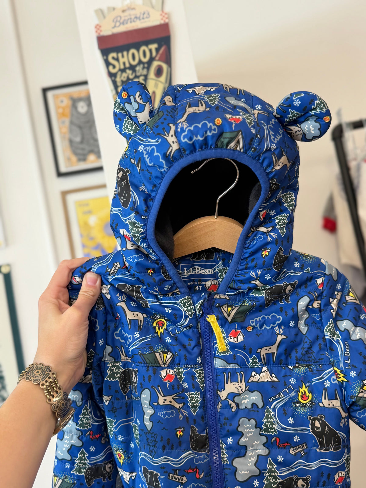 4/4T, L.L.Bean, Blue, Wildlife / camping print faux fur lined insulated hooded jacket with ears