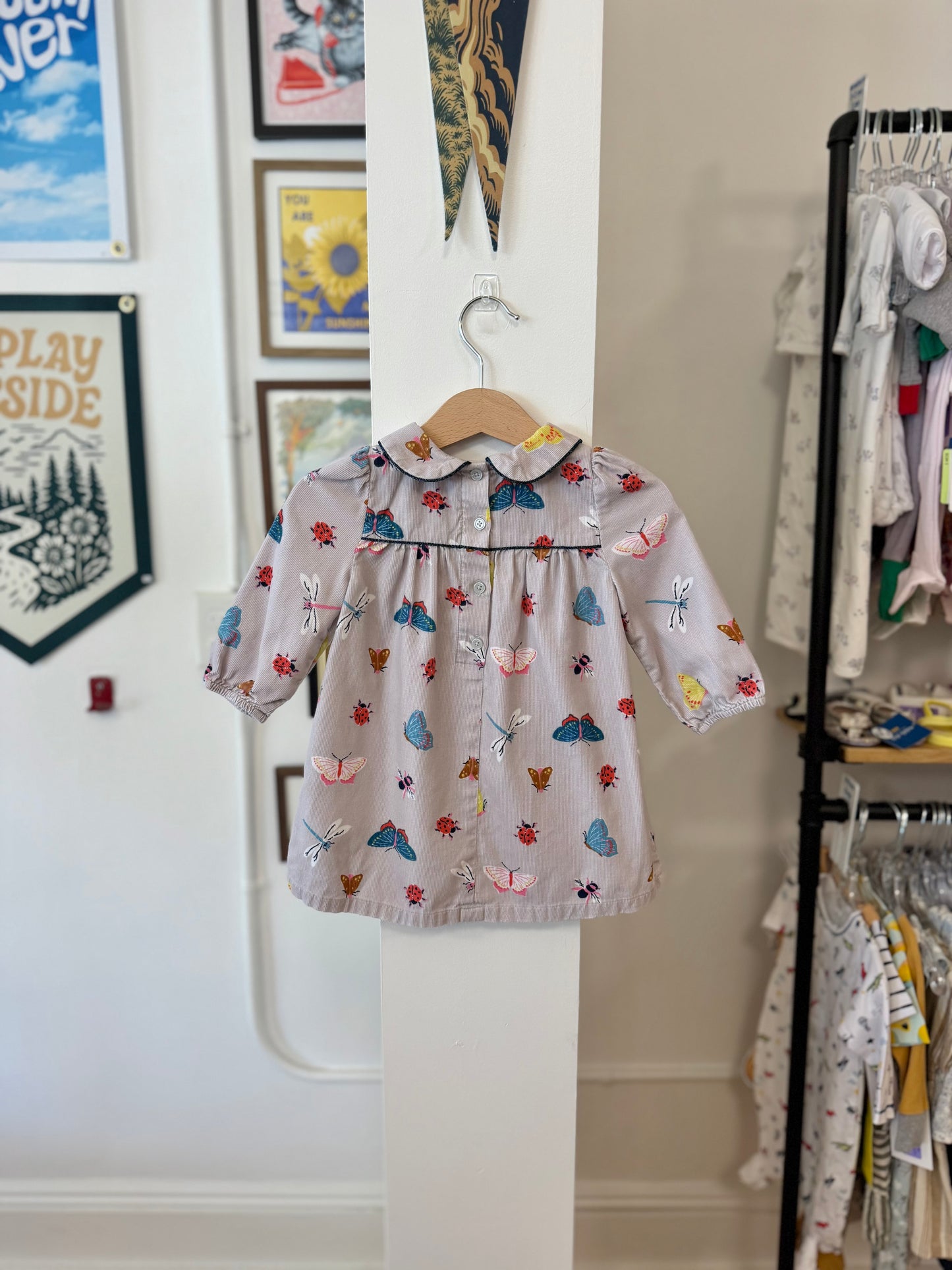6-12 mo, Boden, Grey, Long-sleeve corduroy insect dress
