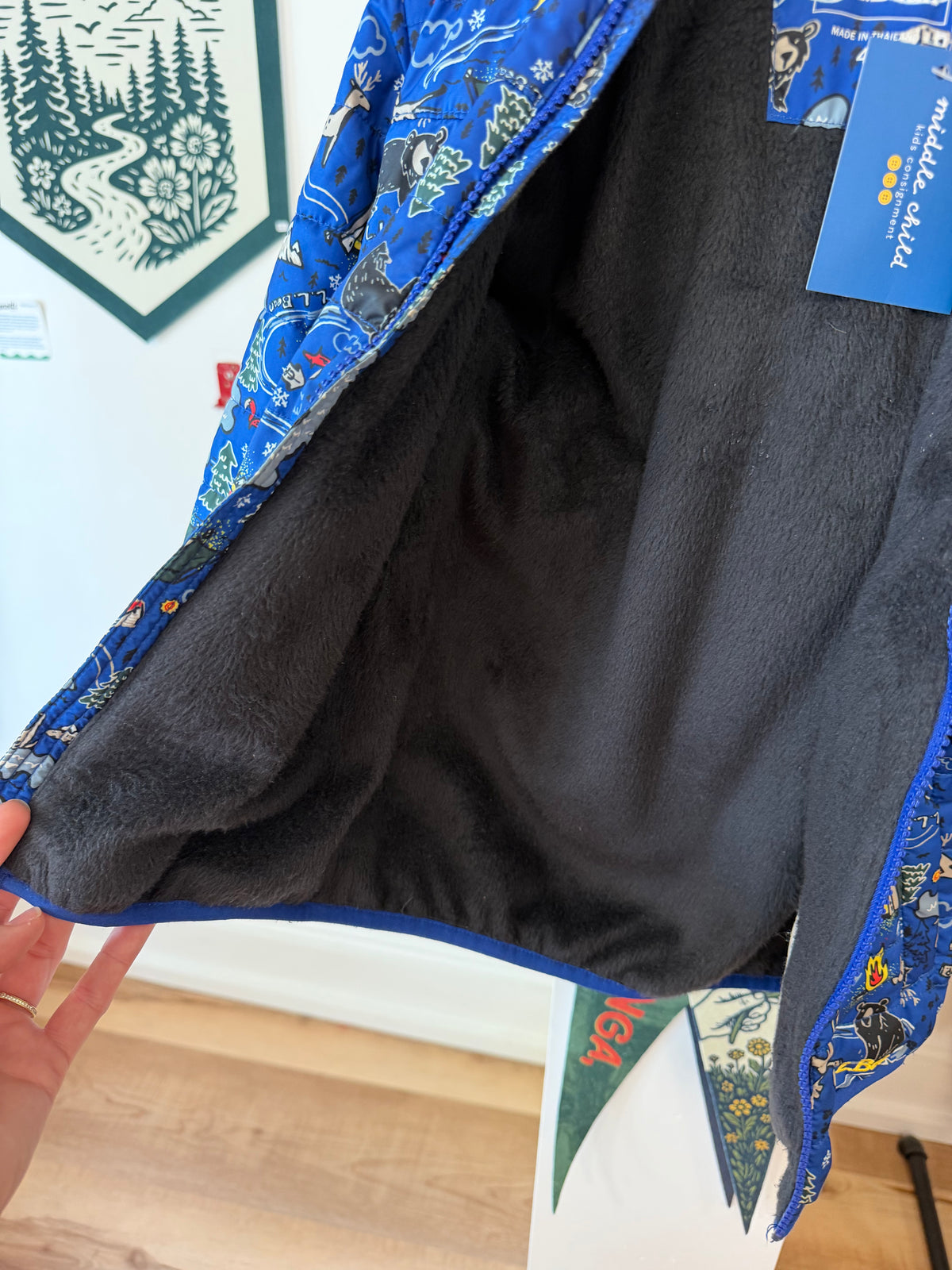 4/4T, L.L.Bean, Blue, Wildlife / camping print faux fur lined insulated hooded jacket with ears