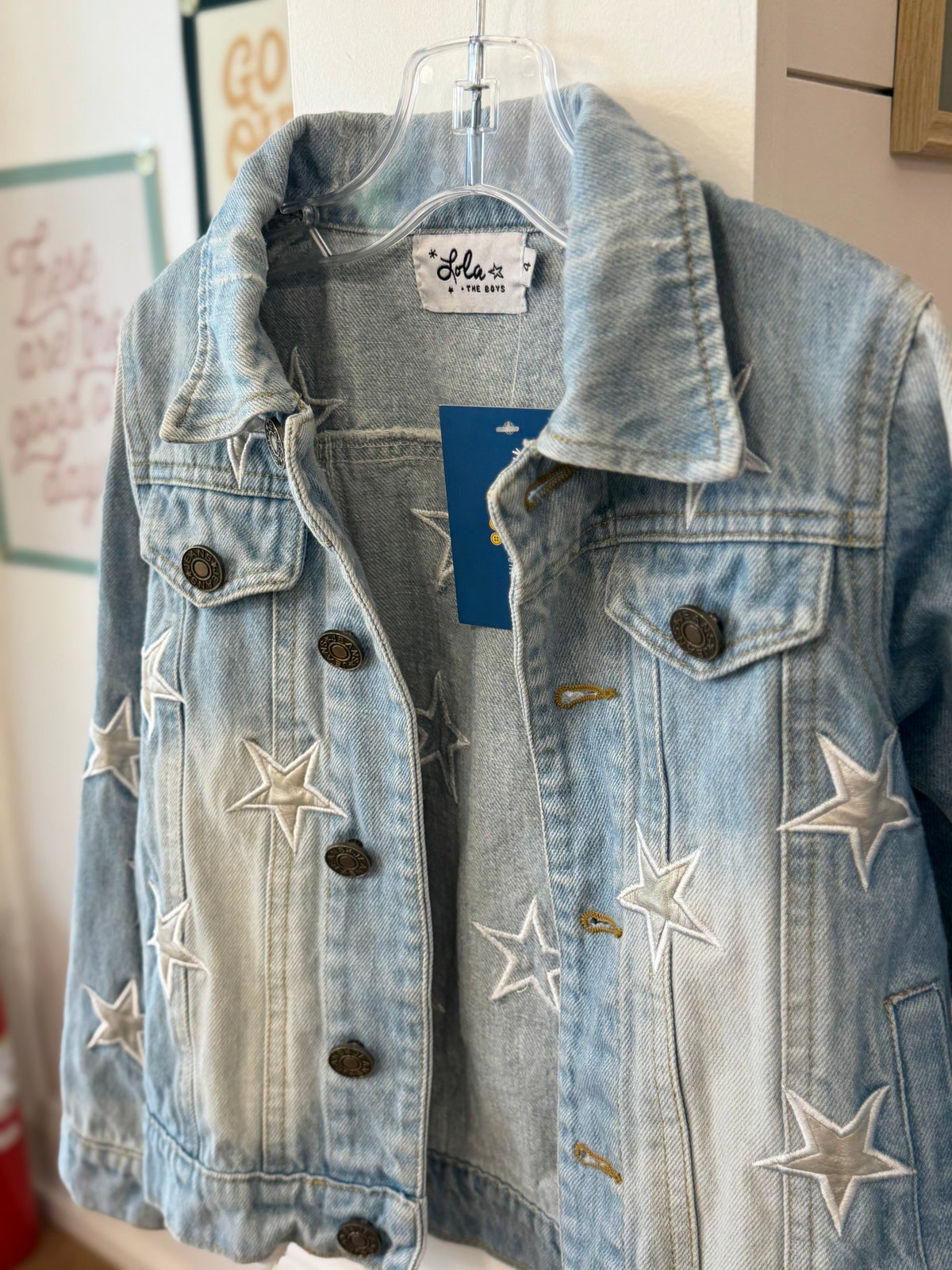 4/4T, Lola + The Boys, Blue, Silver embroidered star denim button-up jacket