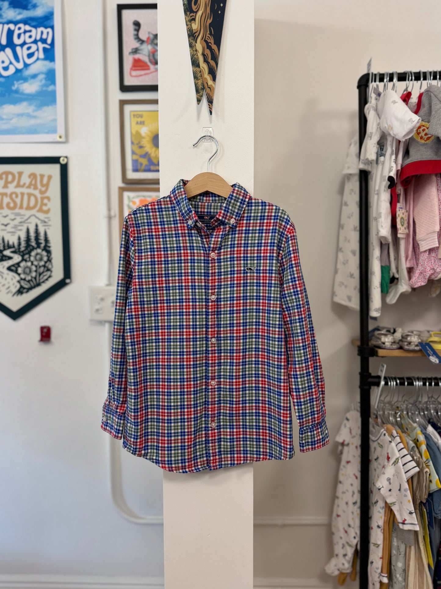 7, Vineyard Vines, White, Blue/red/green plaid long-sleeve button-down shirt
