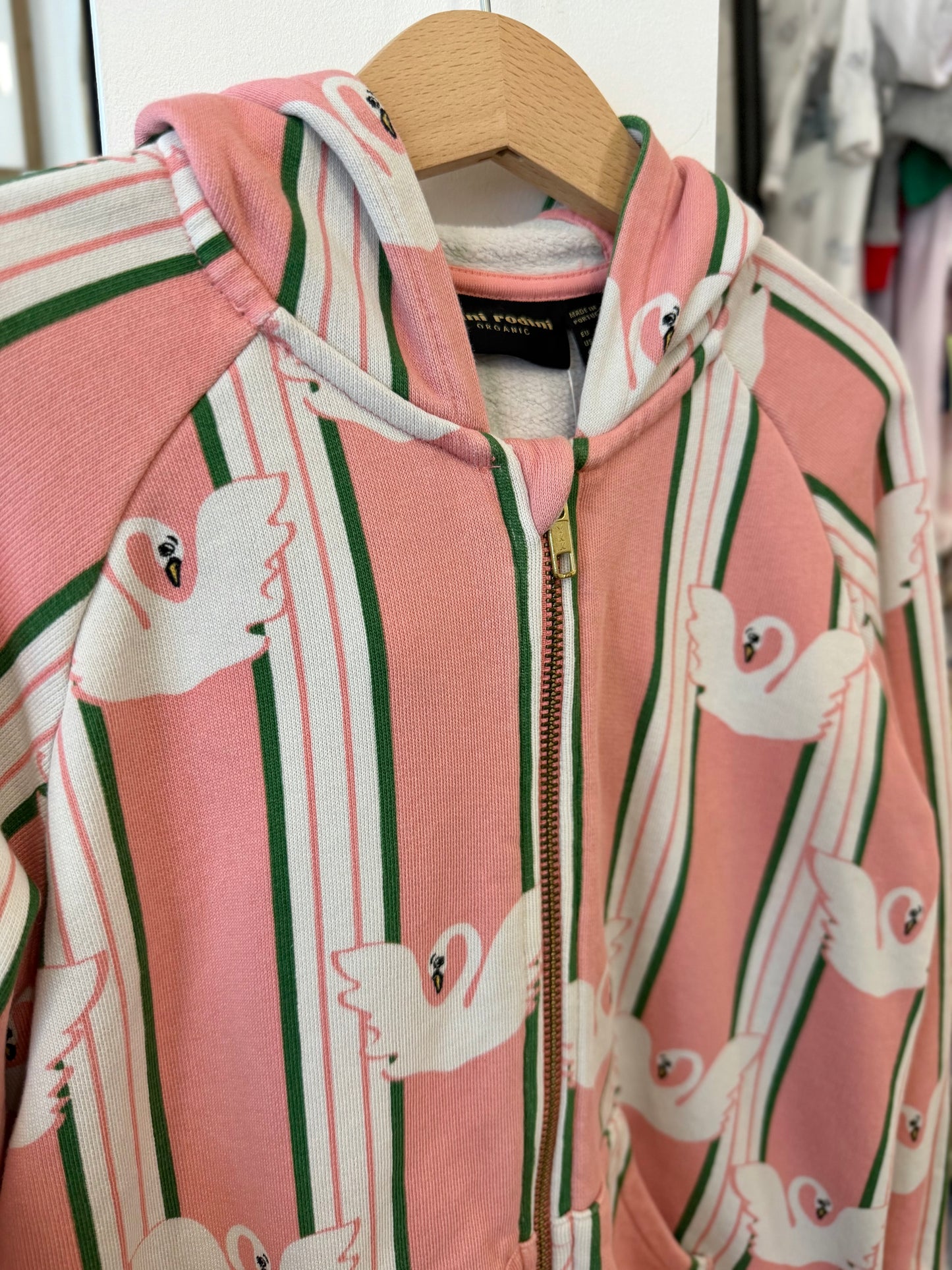 7-9, Mini Rodini, Pink, White/green striped swan zip-up hoodie