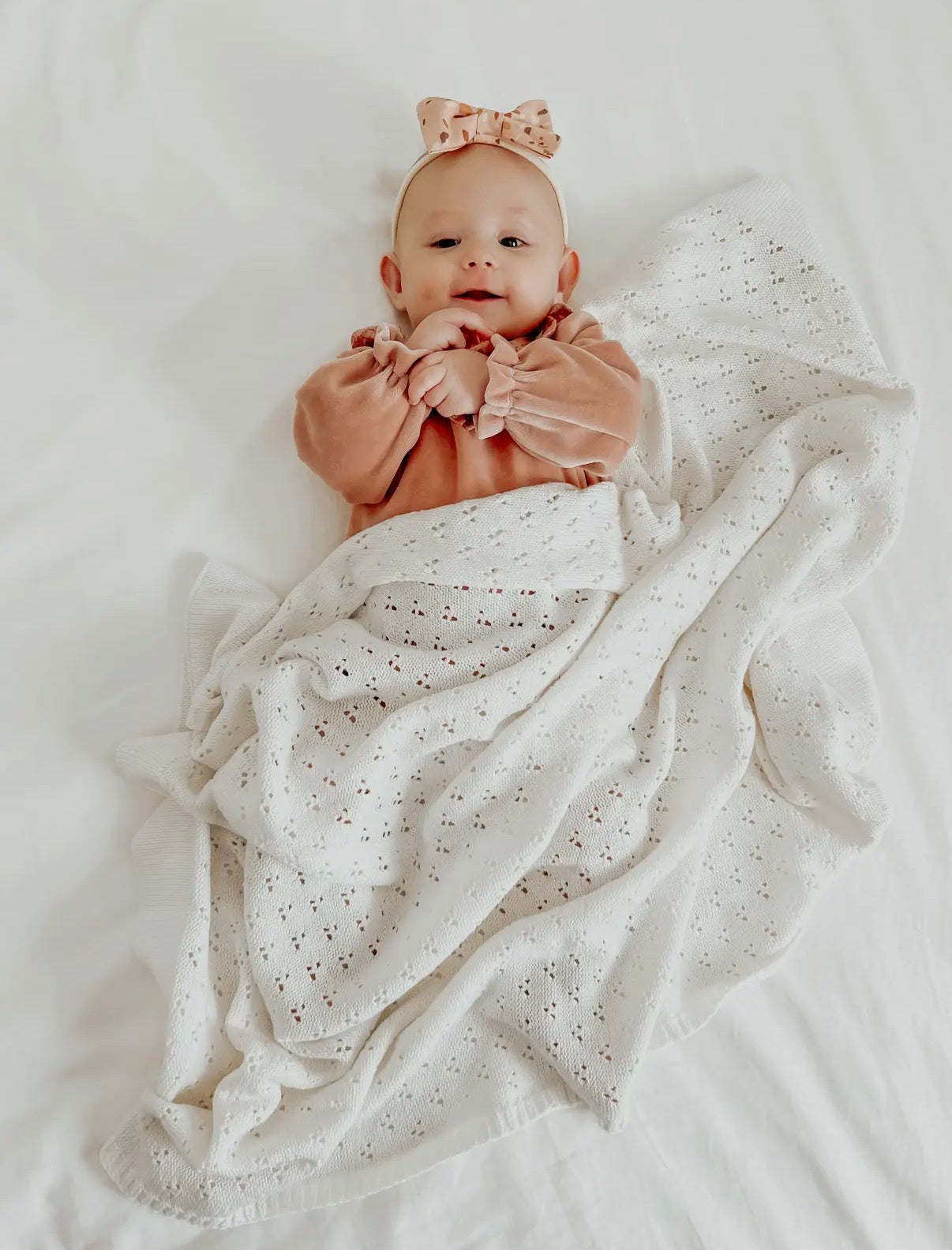 Little Mae & Co, White, Pointelle Knit Blanket, 42” x 36” [wash cold & tumble dry low]