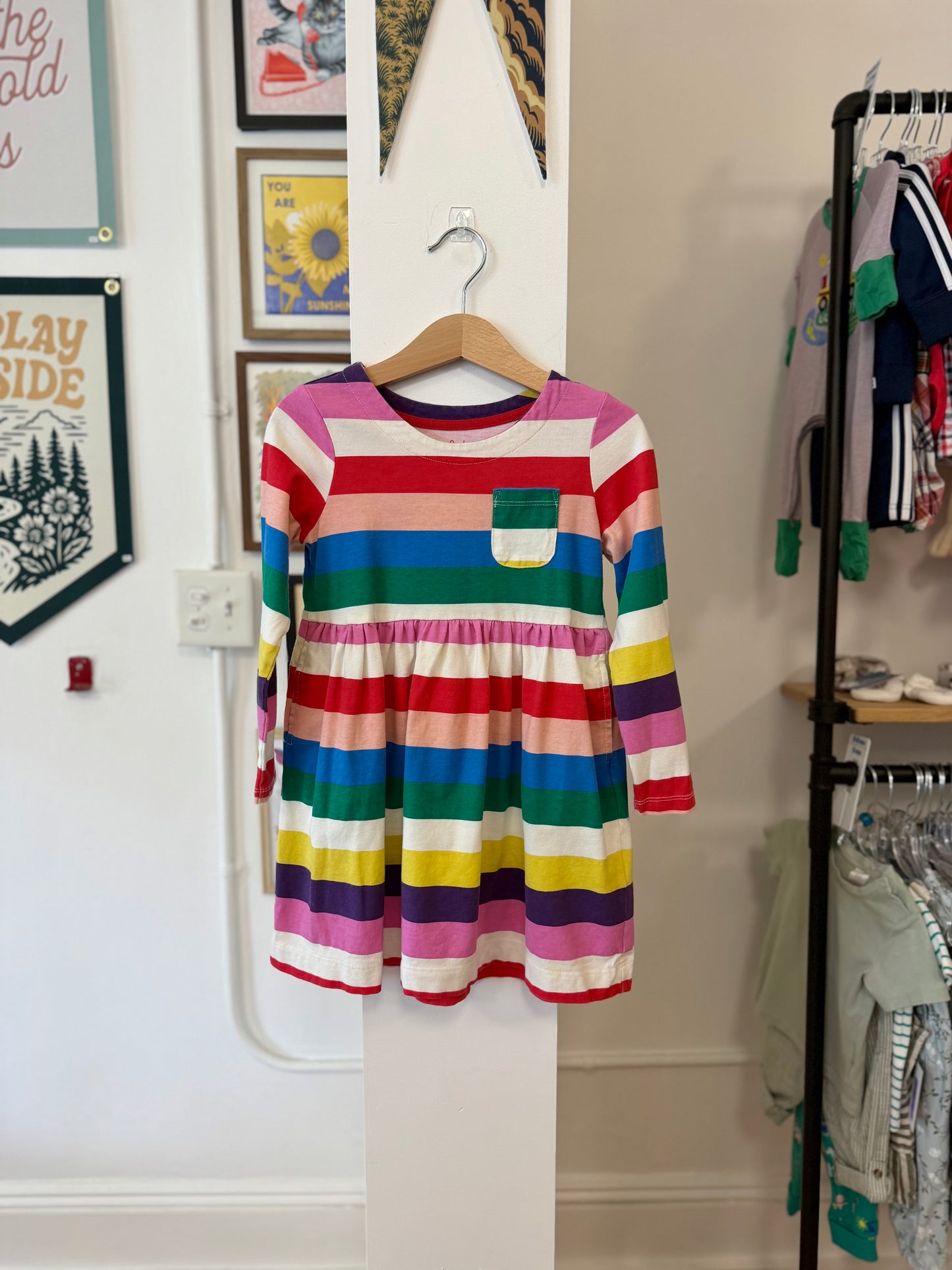 4-5, Boden, Blue, Bold colorful striped long-sleeve t-shirt dress