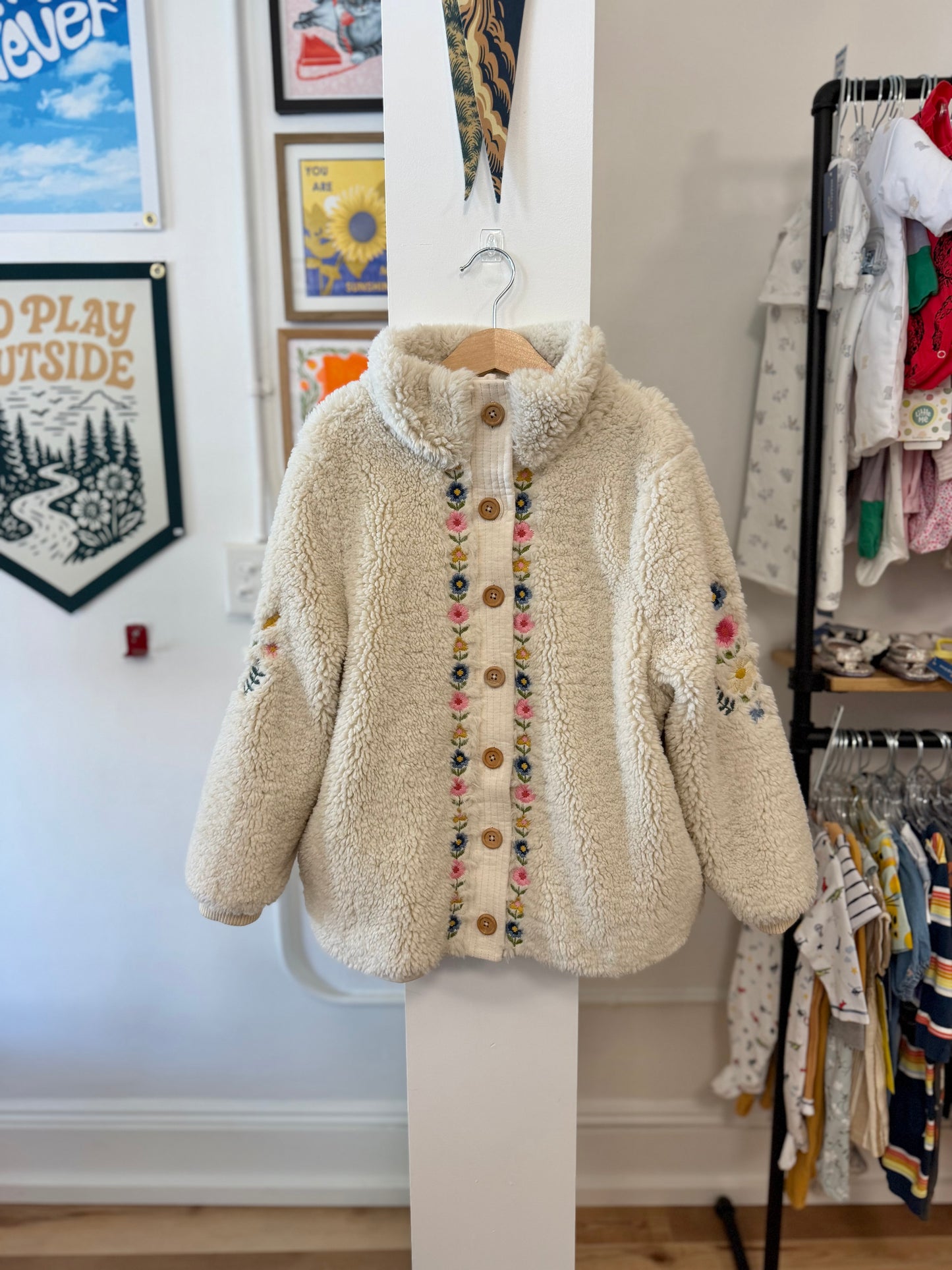 10, Louise Misha, Cream, Sherpa zip-up coat, blue/pink/yellow embroidered flowers