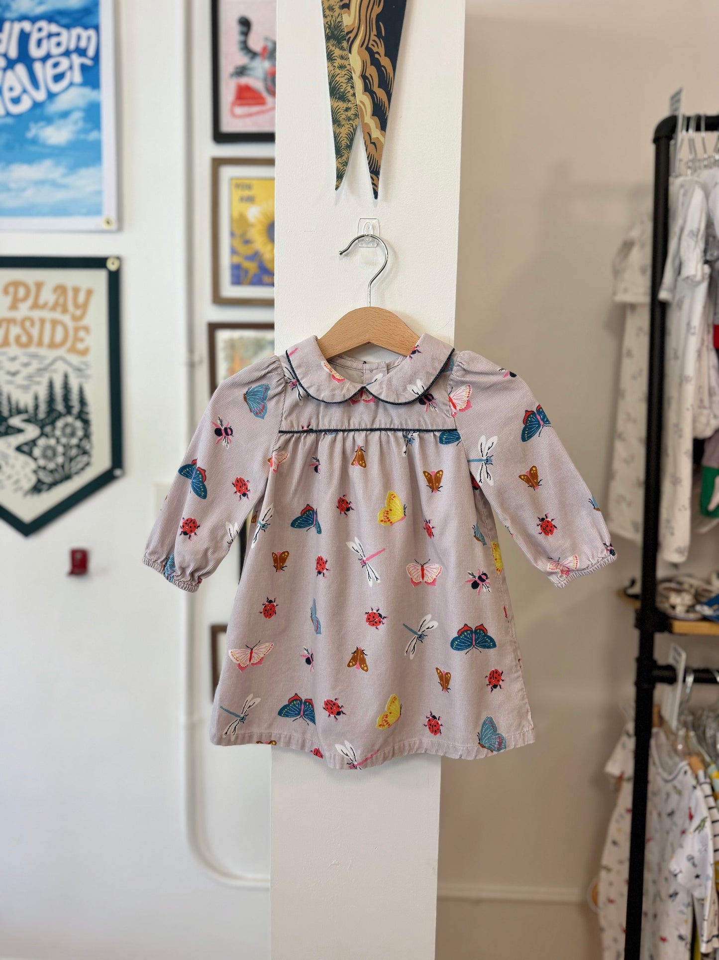 6-12 mo, Boden, Grey, Long-sleeve corduroy insect dress