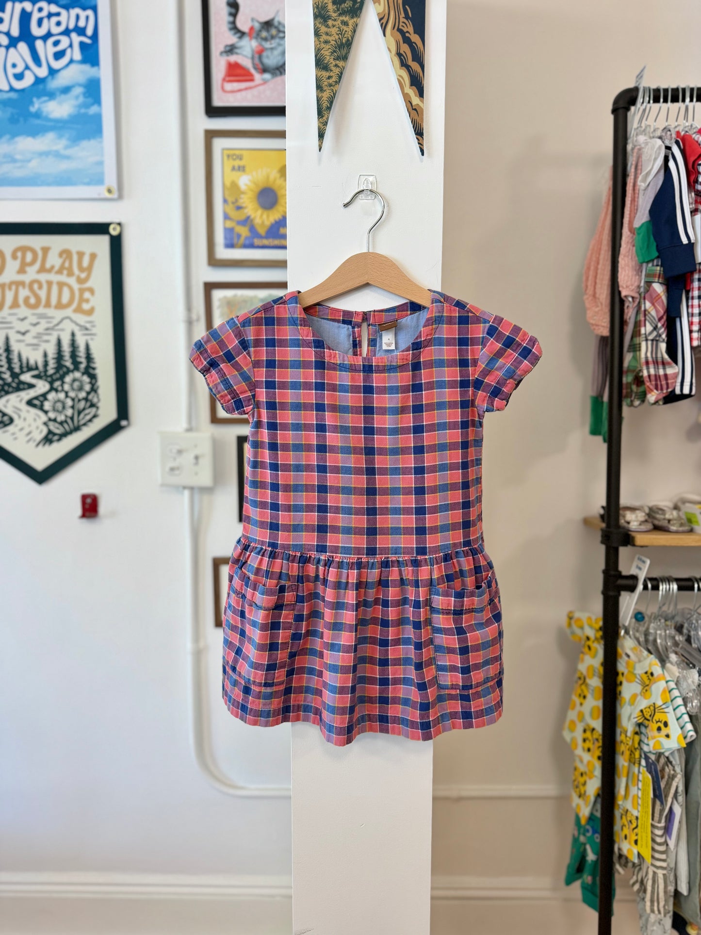4/4T, Tea Collection, Pink, Navy/yellow plaid short-sleeve drop-waist lightweight flannel dress