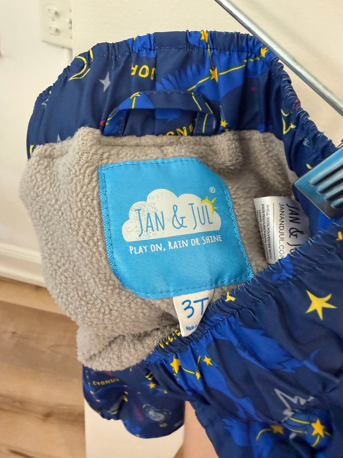 3/3T, Jan & Jul, Blue, Constellation fleece-lined drawstring snow / rain pants