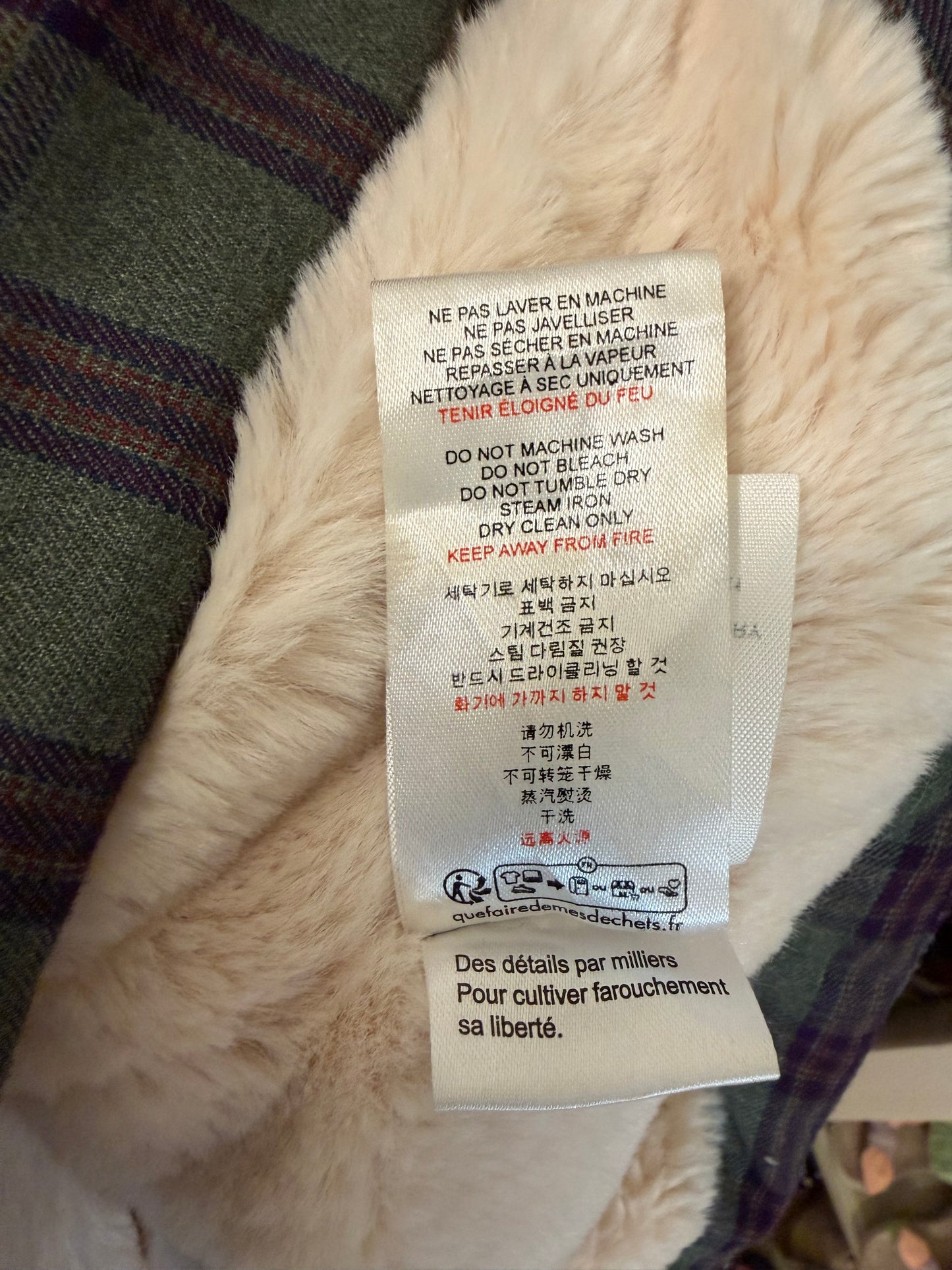 8, Louise Misha, Green, Plaid floral embroidered faux fur lined snap up jacket