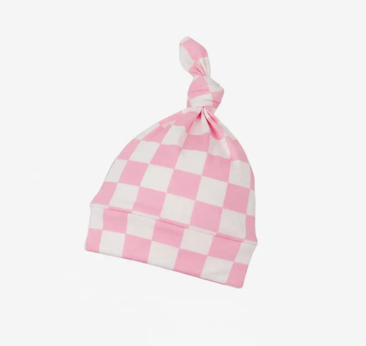 0-6 mo, Little Mae & Co, Sugar Pink, Checkered Knotted Hat [jersey knit, wash cold & tumble dry low]