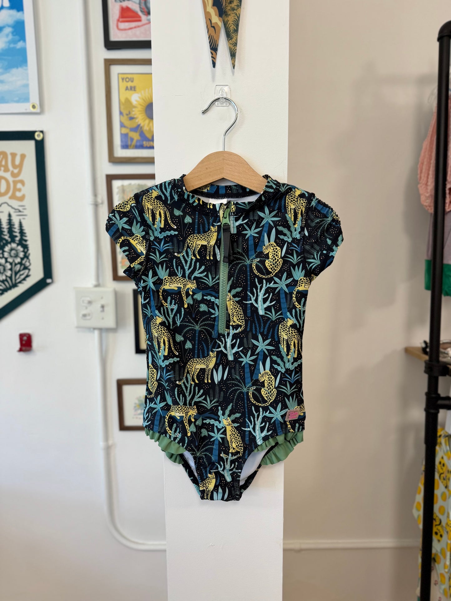 4/4T, Ruffle Butts, Black, Cheetah jungle cap sleeve one-piece swimsuit