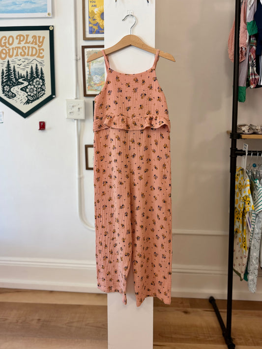 6, My Little Cozmo, Pink, Gauzy spaghetti strap navy/brown floral jumpsuit