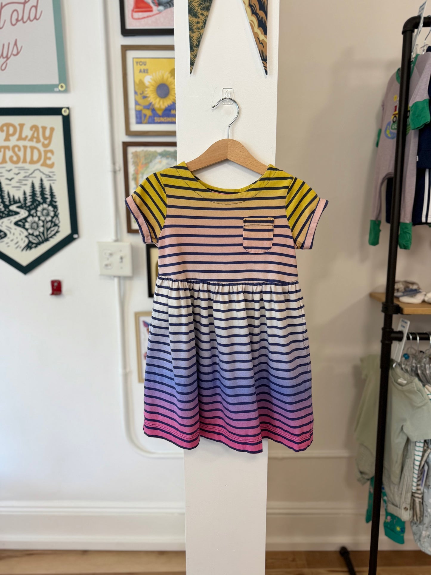 4-5, Boden, Yellow, Navy striped pink/purple ombre short-sleeve t-shirt pocket dress