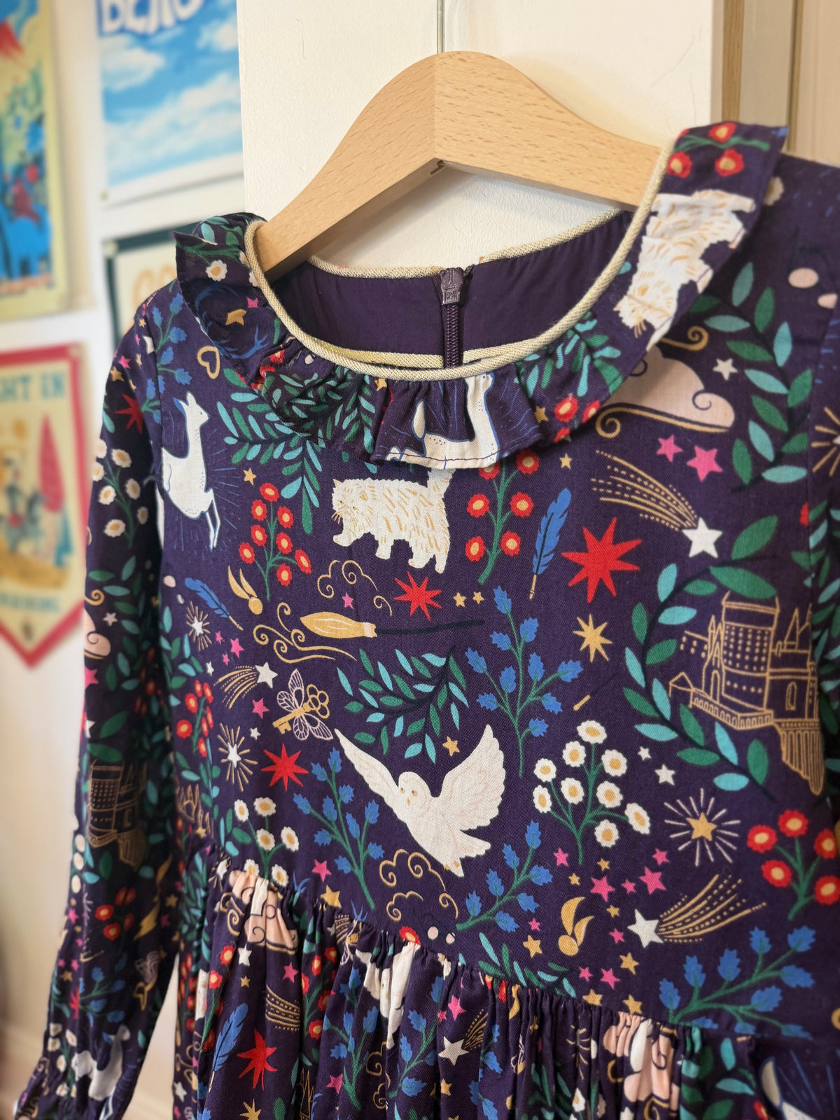 6-7, Boden, Purple, Long-sleeve Harry Potter collab dress, zip back, ruffle collar