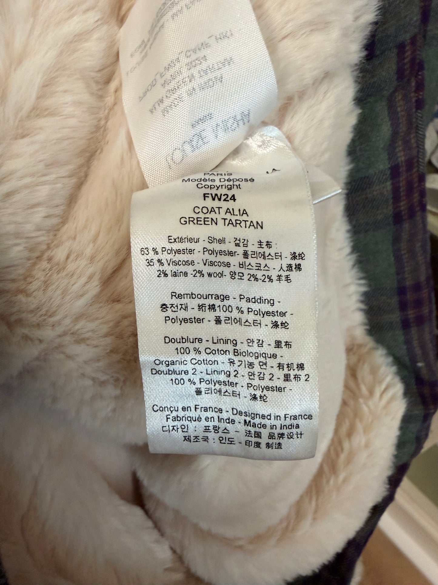 8, Louise Misha, Green, Plaid floral embroidered faux fur lined snap up jacket