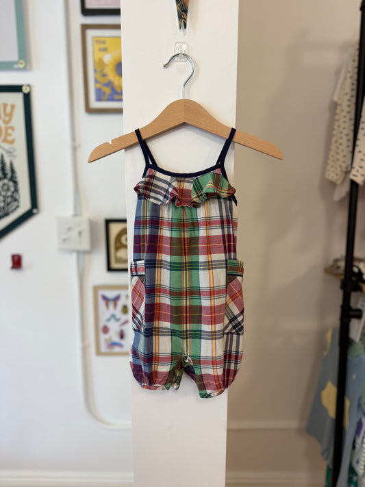 3 mo, Ralph Lauren, White, Spaghetti cross-strap plaid romper, pockets