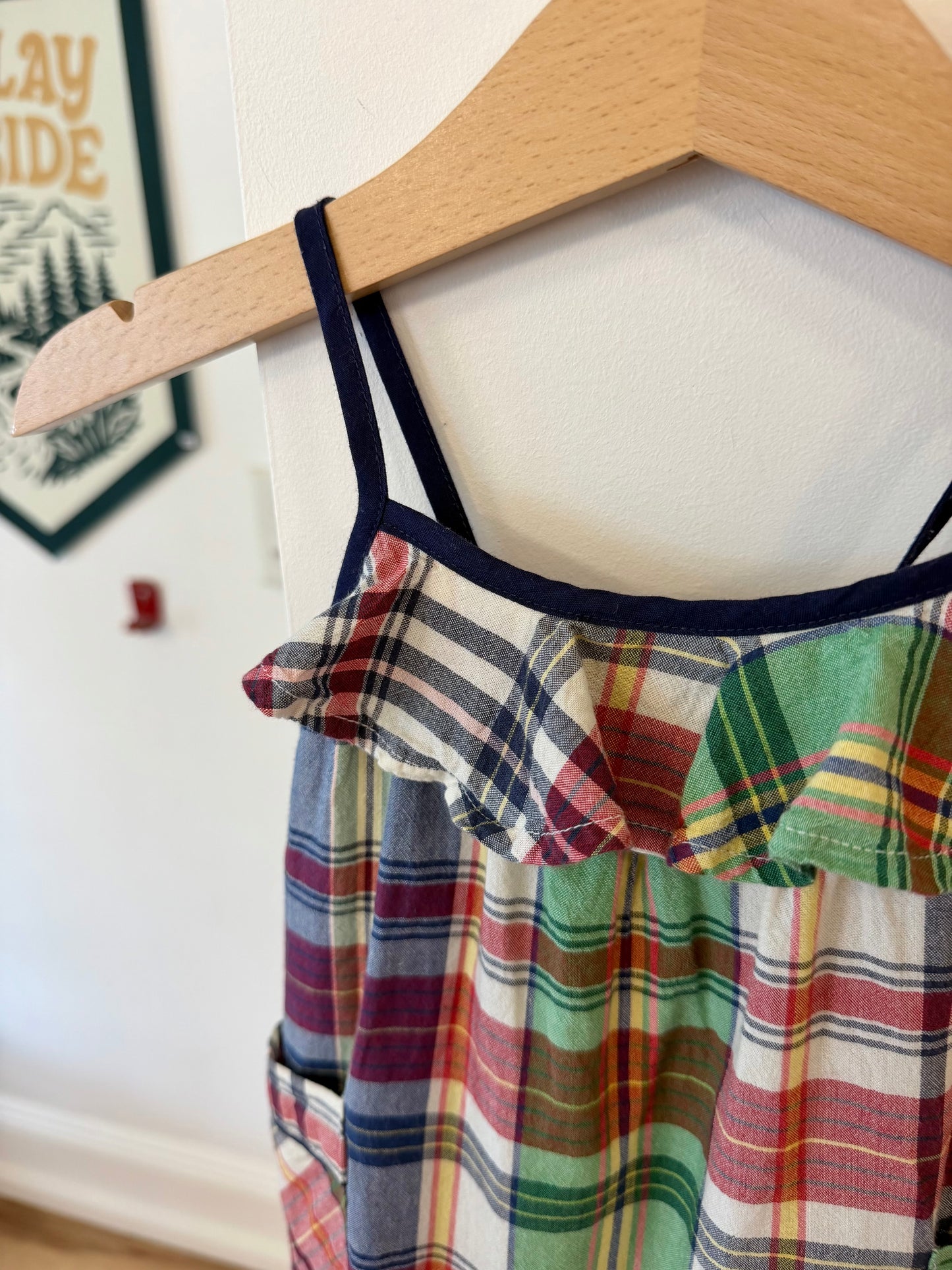 3 mo, Ralph Lauren, White, Spaghetti cross-strap plaid romper, pockets