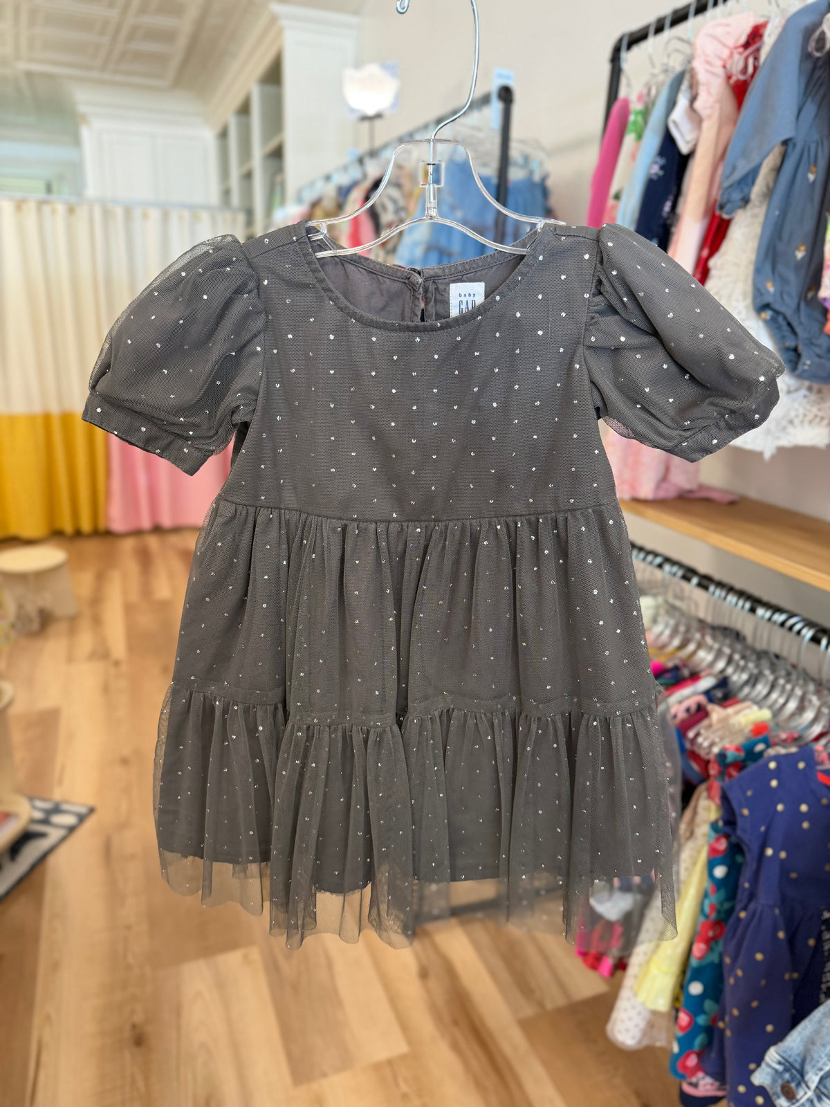 2/2T, babyGap, Grey, Silver polka dot puff-sleeve tiered tulle dress