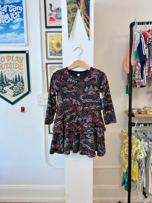 4/4T, Tea Collection, Black, Long-sleeve tiered chinoiserie / pagoda print dress