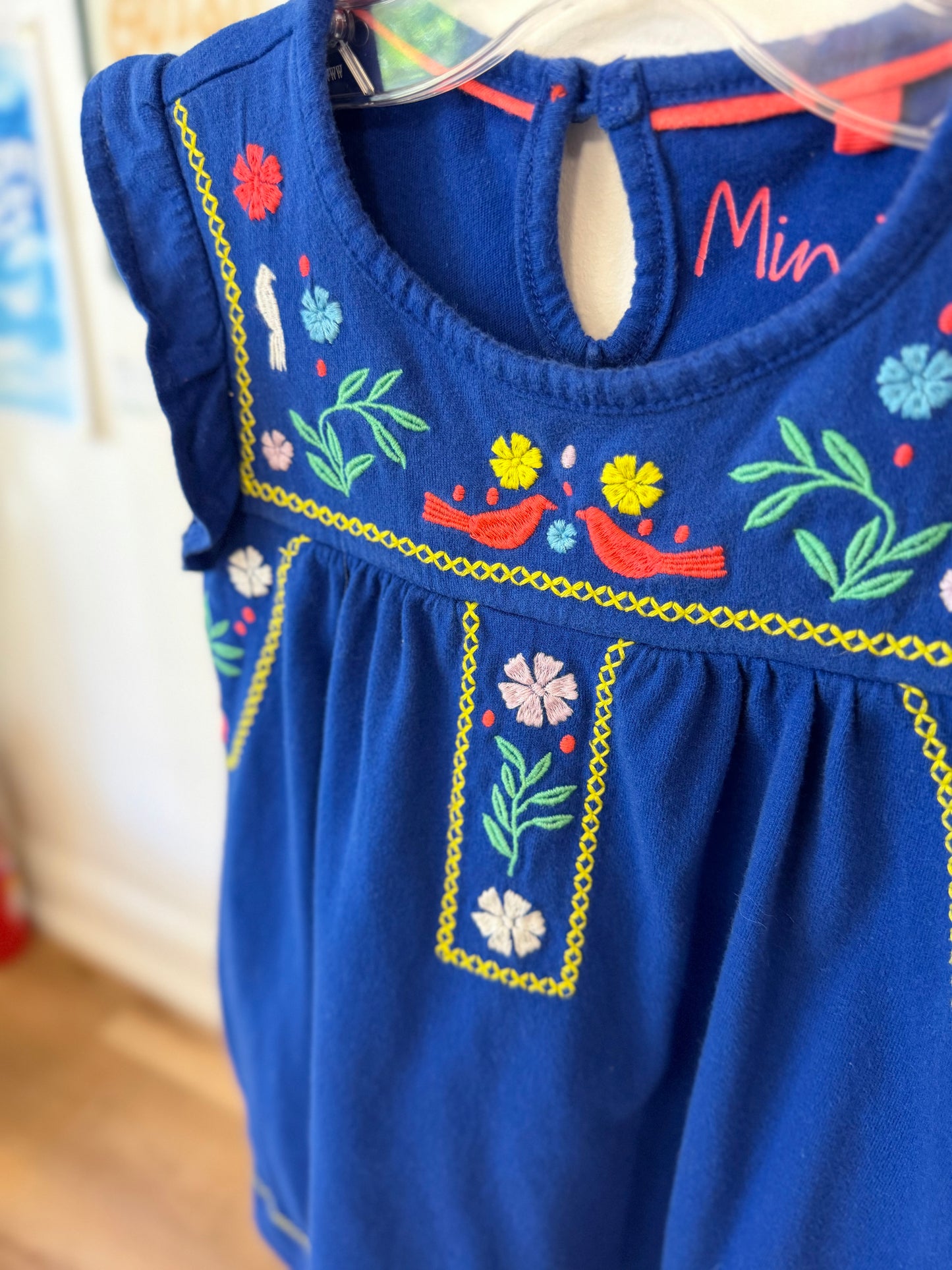 2-3, Boden, Blue, Flutter sleeve knit dress w/ neon bird / floral embroidery, pockets