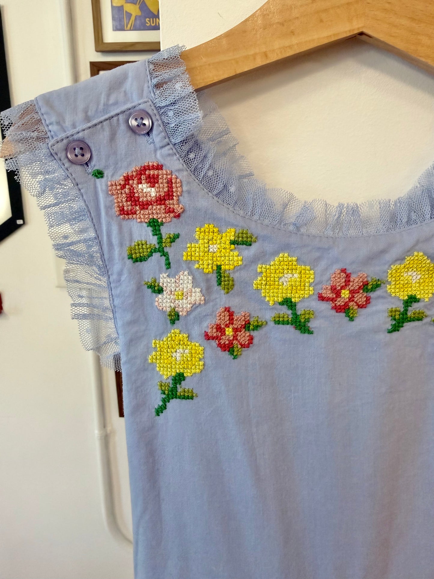 6-7, Boden, Blue, Tulle cross back dress, embroidered pink/yellow flowers