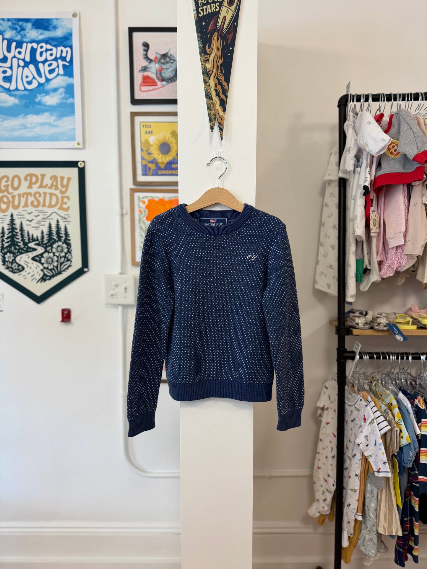 7, Vineyard Vines, Blue, White stitch pattern crewneck sweater