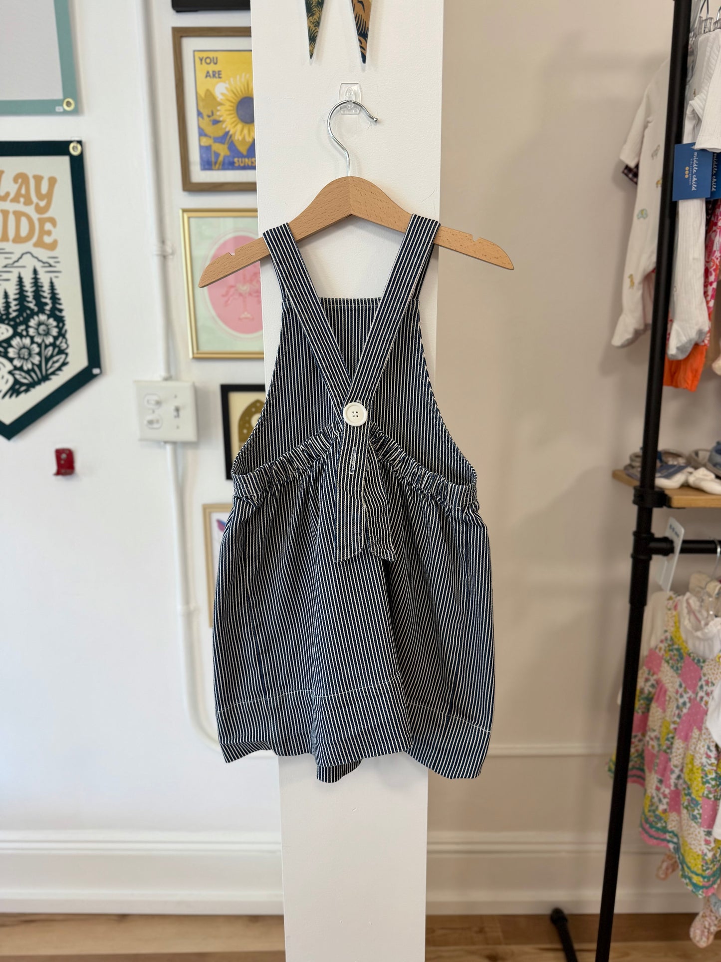 4-5, Hey Gang, Blue, Vertical white-striped adjustable cross-strap pinafore/jumper