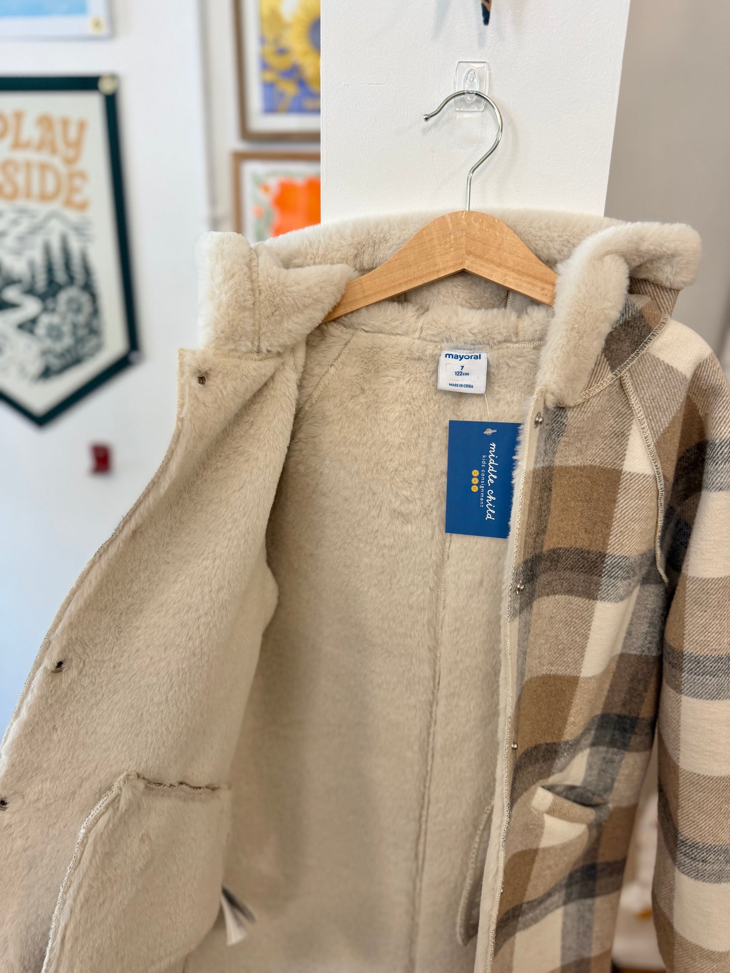 7, Mayoral, cream, Plaid faux fur lined hooded snap-up coat