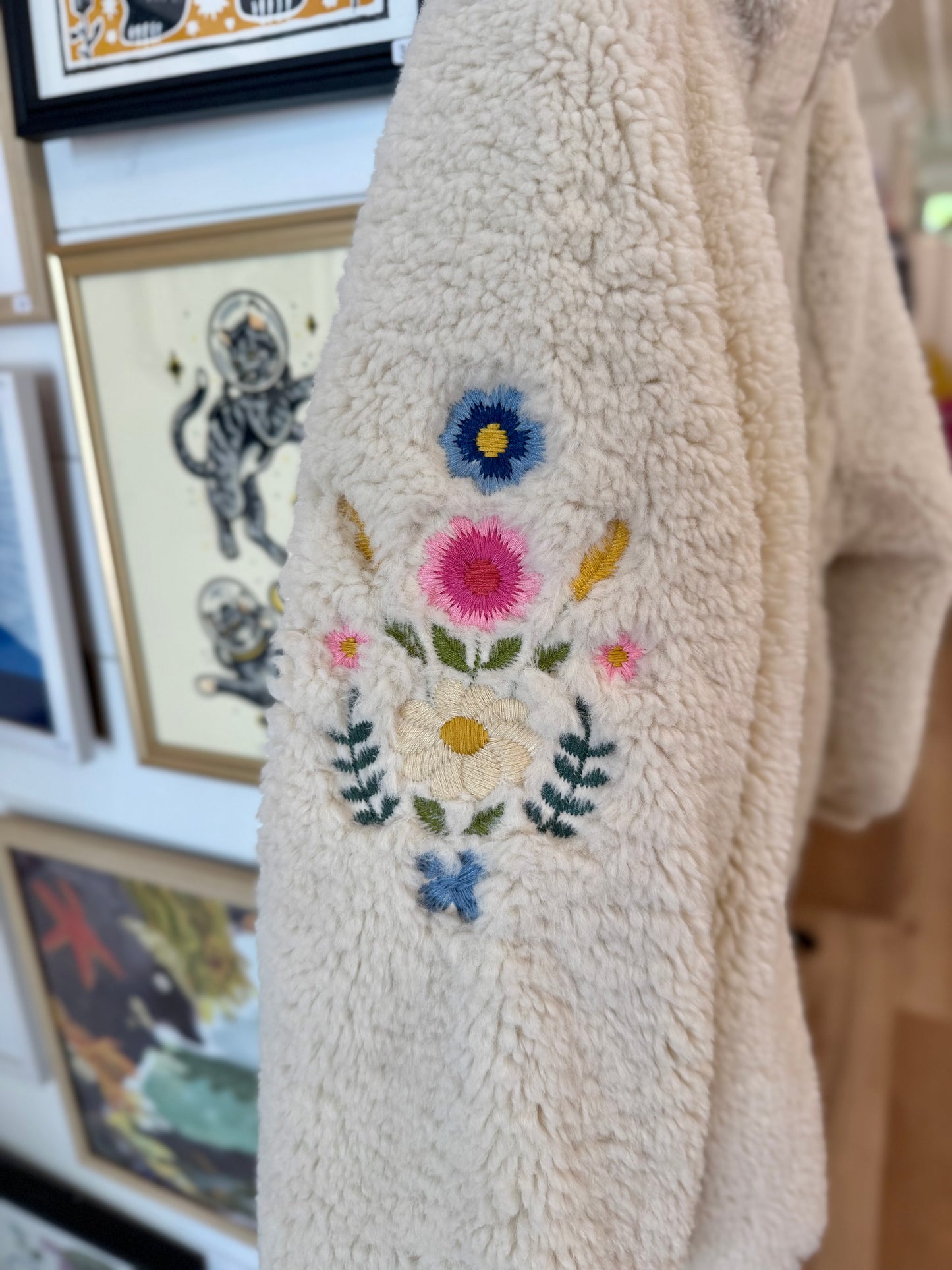 10, Louise Misha, Cream, Sherpa zip-up coat, blue/pink/yellow embroidered flowers