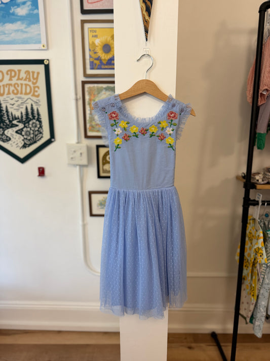 6-7, Boden, Blue, Tulle cross back dress, embroidered pink/yellow flowers