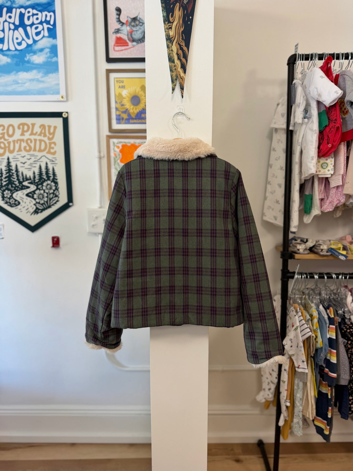 8, Louise Misha, Green, Plaid floral embroidered faux fur lined snap up jacket